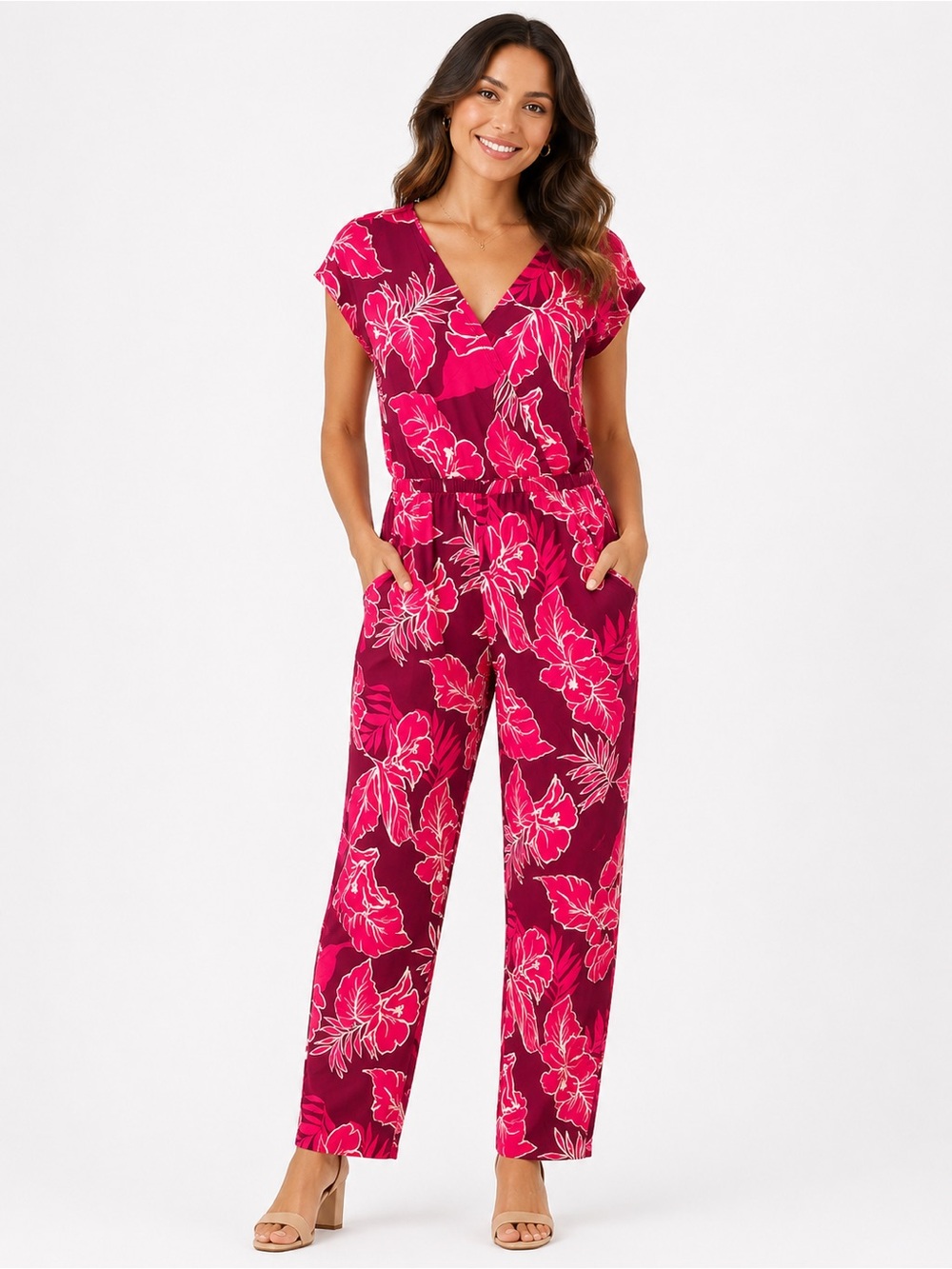 Cuddl Duds Size Medium Pink Tropical Print Jogger Jumpsuit